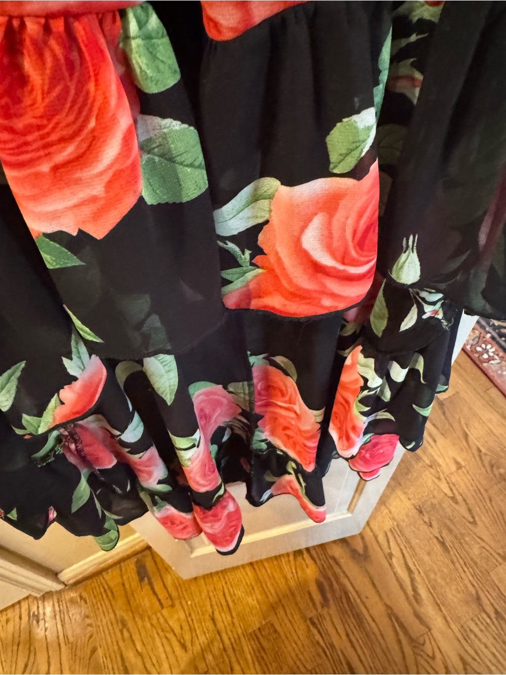 Floral Ruffle High-Low Summer Dress - Black with Red Rose Print - Picture 4 of 4